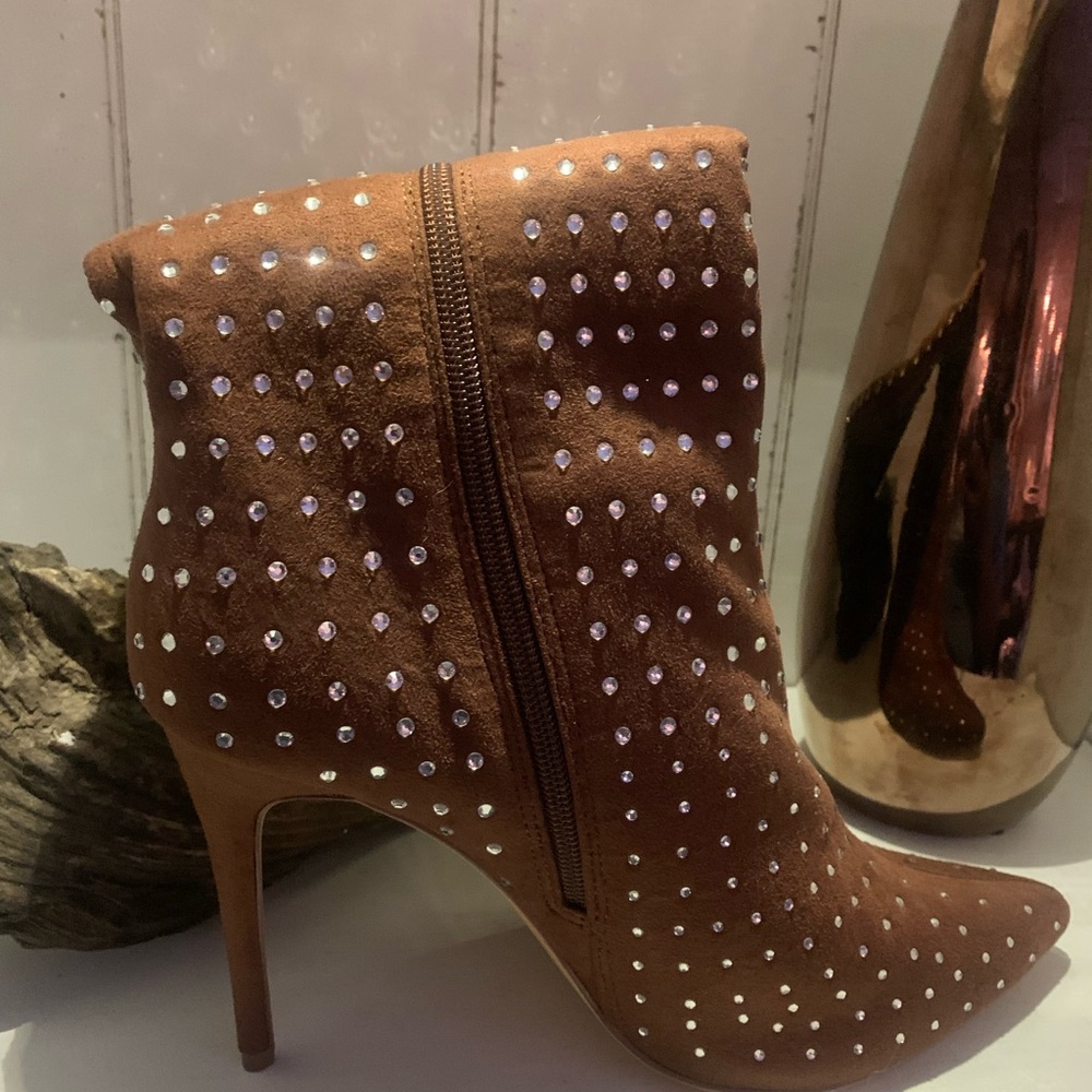 Crystal-Embellished Brown Suede Stiletto Ankle Boots